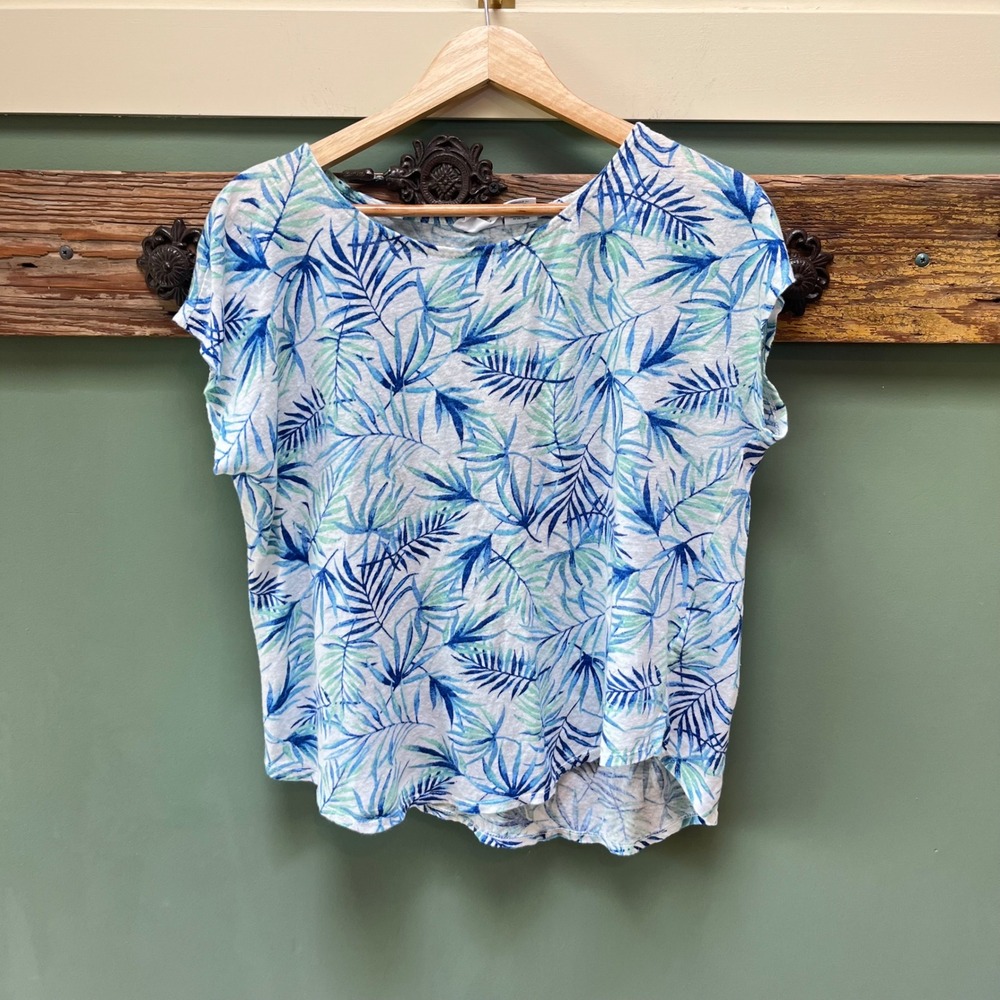 Sigrid Olsen XL Blue Green‎ Tropical Palm Leaf 100% Linen Knit Cap Sleeve Top